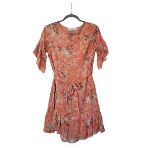Petal + Pup Peach Floral Half Sleeve Ruffle Tiered Belted Mini Dress, Size 4